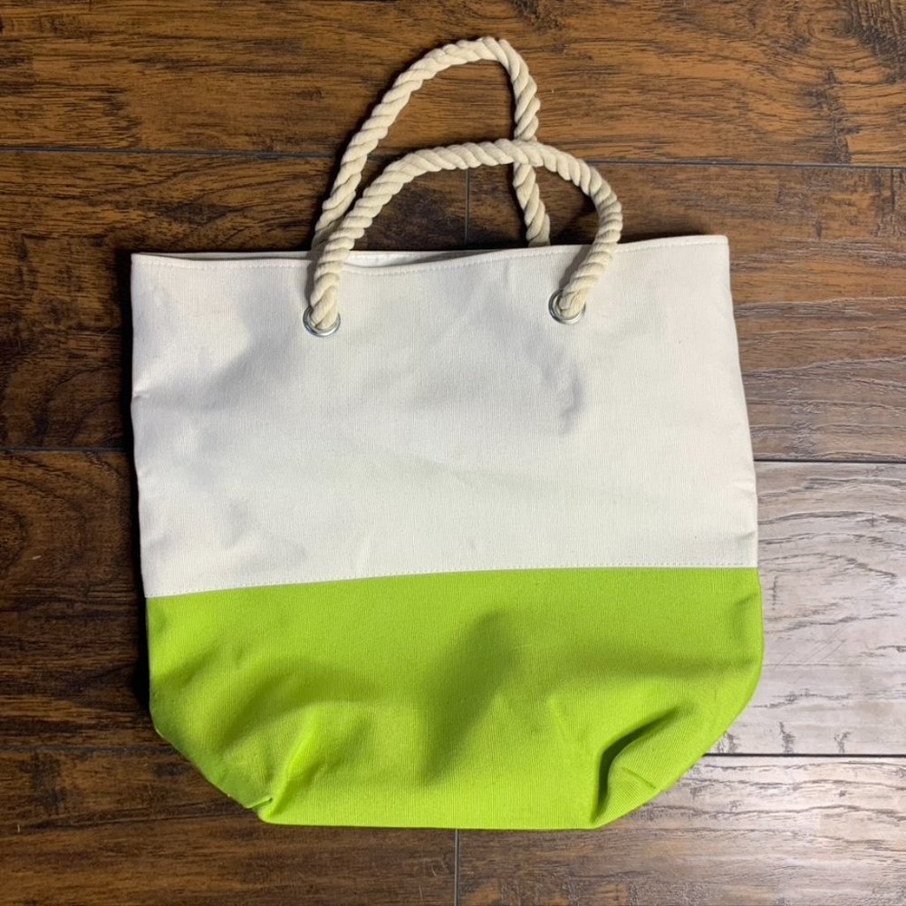 Lime Green Cream Tote, cotton rope handles, beach day picnic pool summer bright